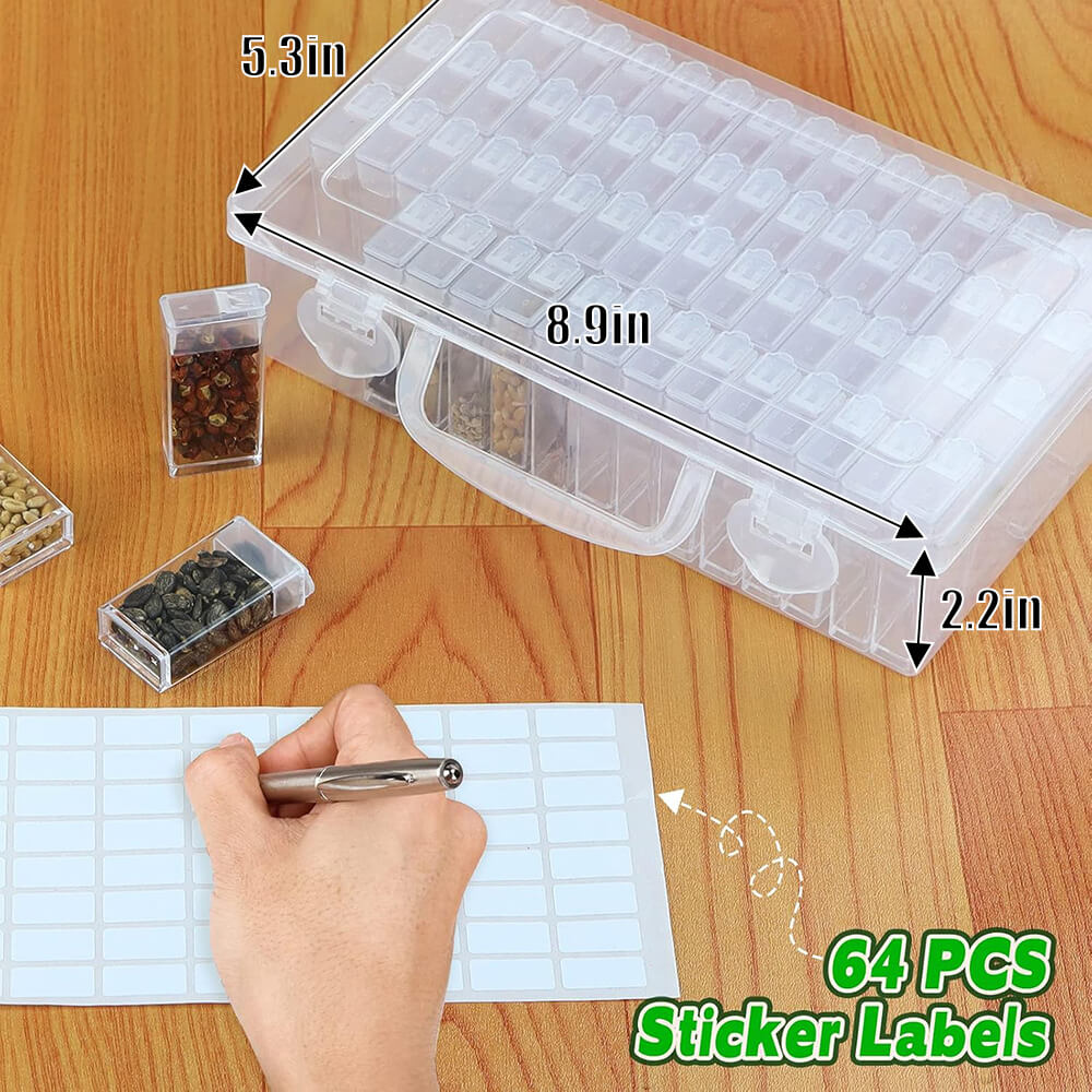 64-Slots Seed Storage Organizer Box with Label Stickers, Seed Storage Container for Flower Plants, seeds for planting vegetables and fruits
